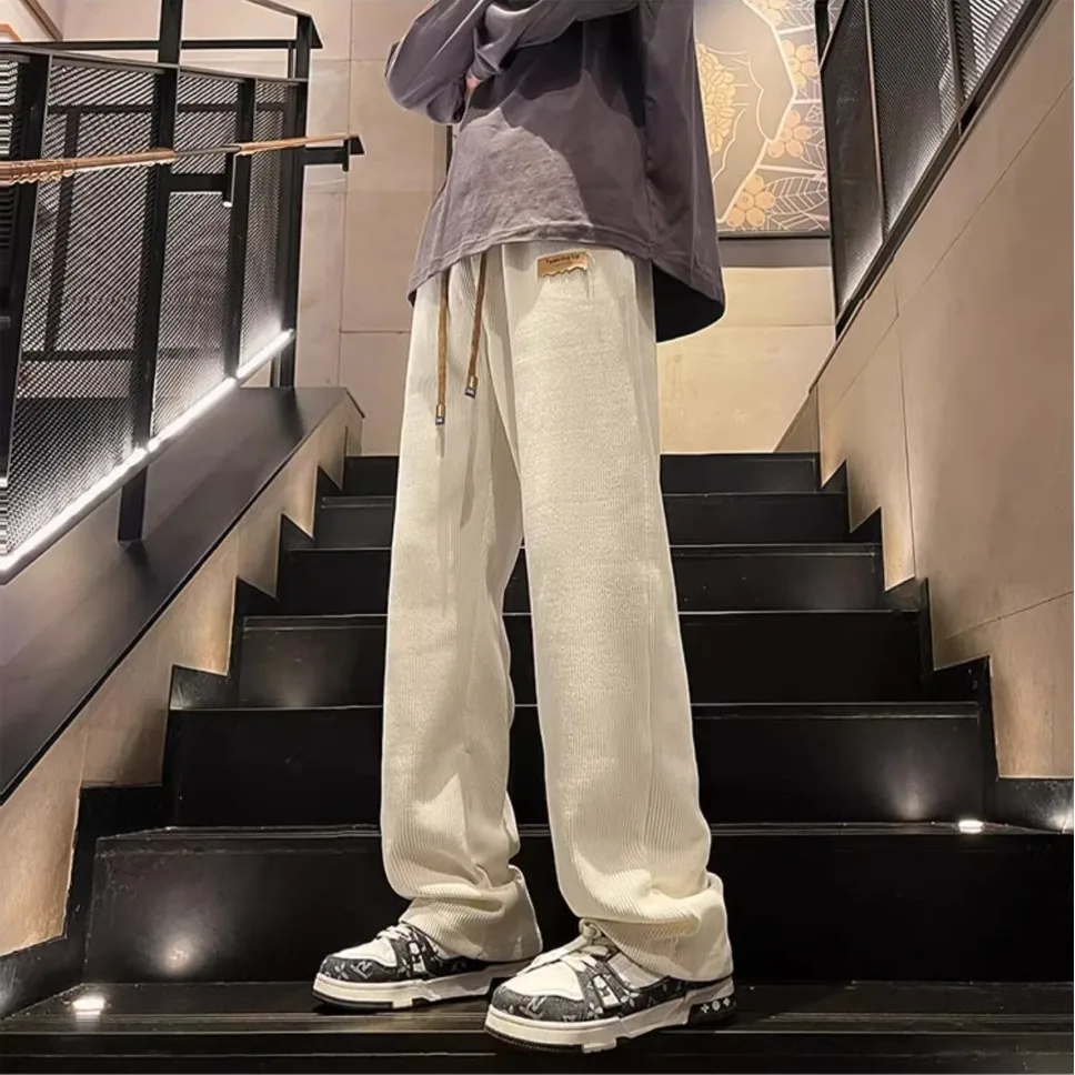 Corduroy teddy bear embroidered rolled edge pants for men in spring and autumn, retro loose fit, large size, straight leg, thick