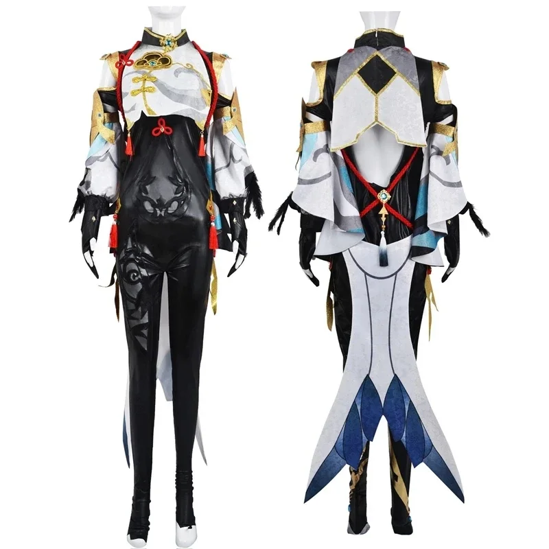 Shenhe-Disfraz de Genshin Impact para mujer, mono, peluca, Cosplay de Halloween