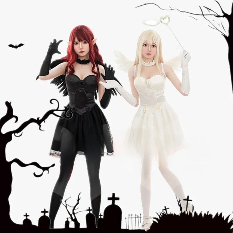 Disfraz de Halloween de ángel oscuro y hada con plumas, estilo lolita, para cosplay, traje de demonio, de poliéster pura, par...