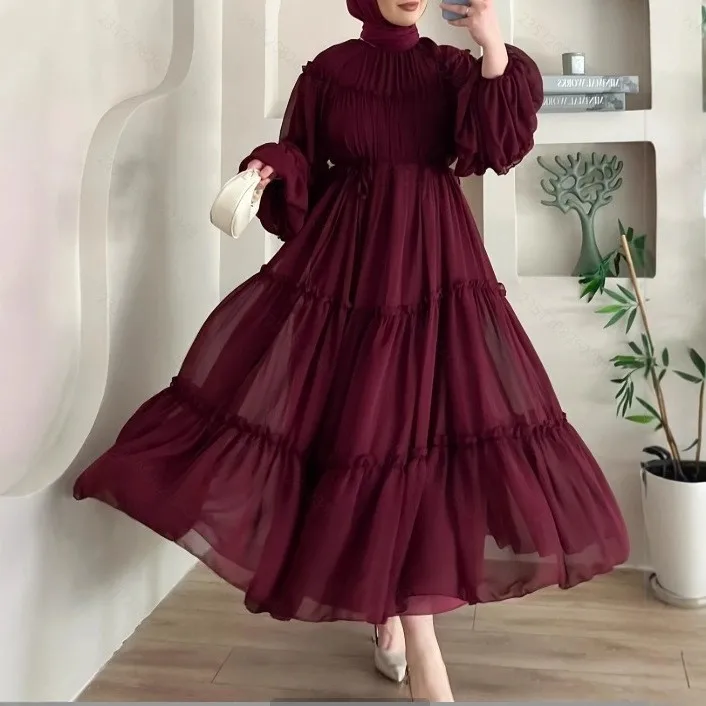 Robe musulmane du moyen-orient pour femmes, couleur unie, décontractée, tendance, élégante, ample, col rond, manches lanternes, avec ceintures, nouvelle mode 2025
