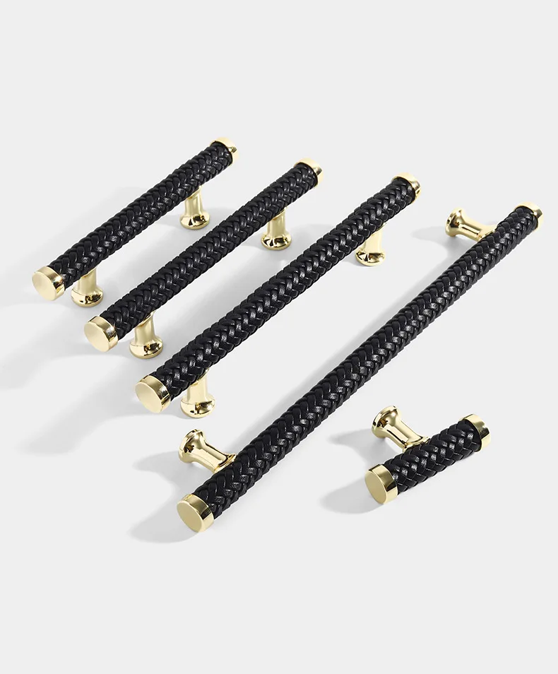 55mm-377mm Handwoven Leather Black Cabinet Handles Bedroom Wardrobe Dresser Pulls  Bookcase Door Knobs T Bar Furniture Hardware