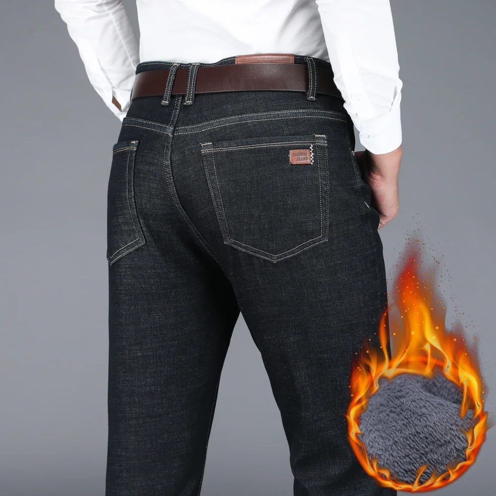 Winter New Warm Fleece Jeans Men's Office Business Classic Thicken Denim Pants Casual Fashion Straight Stretch Velvet Trousers