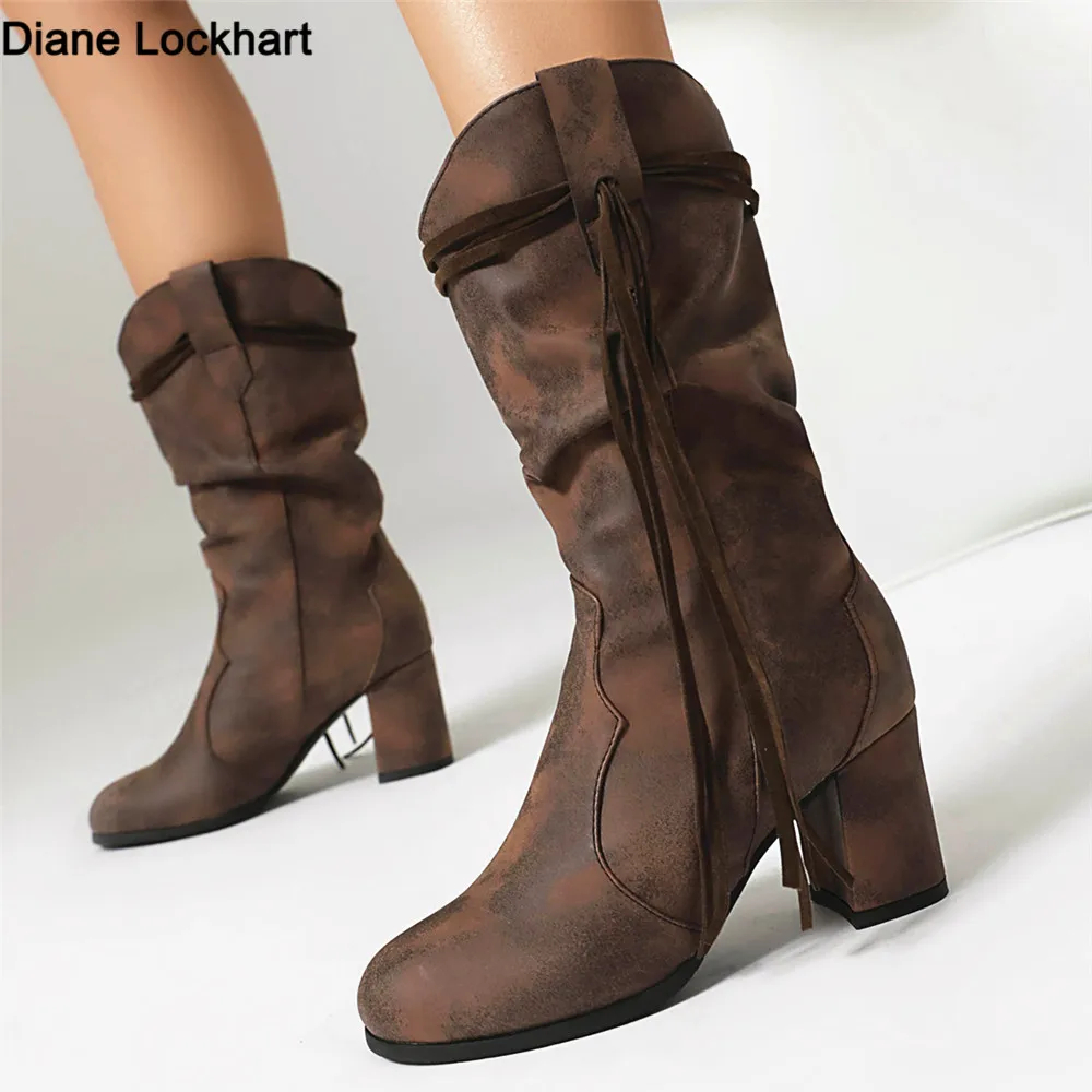 

Винтажные римские сапоги до середины икры, женская обувь, повседневные коричневые, черные ботинки для верховой езды на высоком каблуке, осень-зима 202, женская обувь, размер 34-46