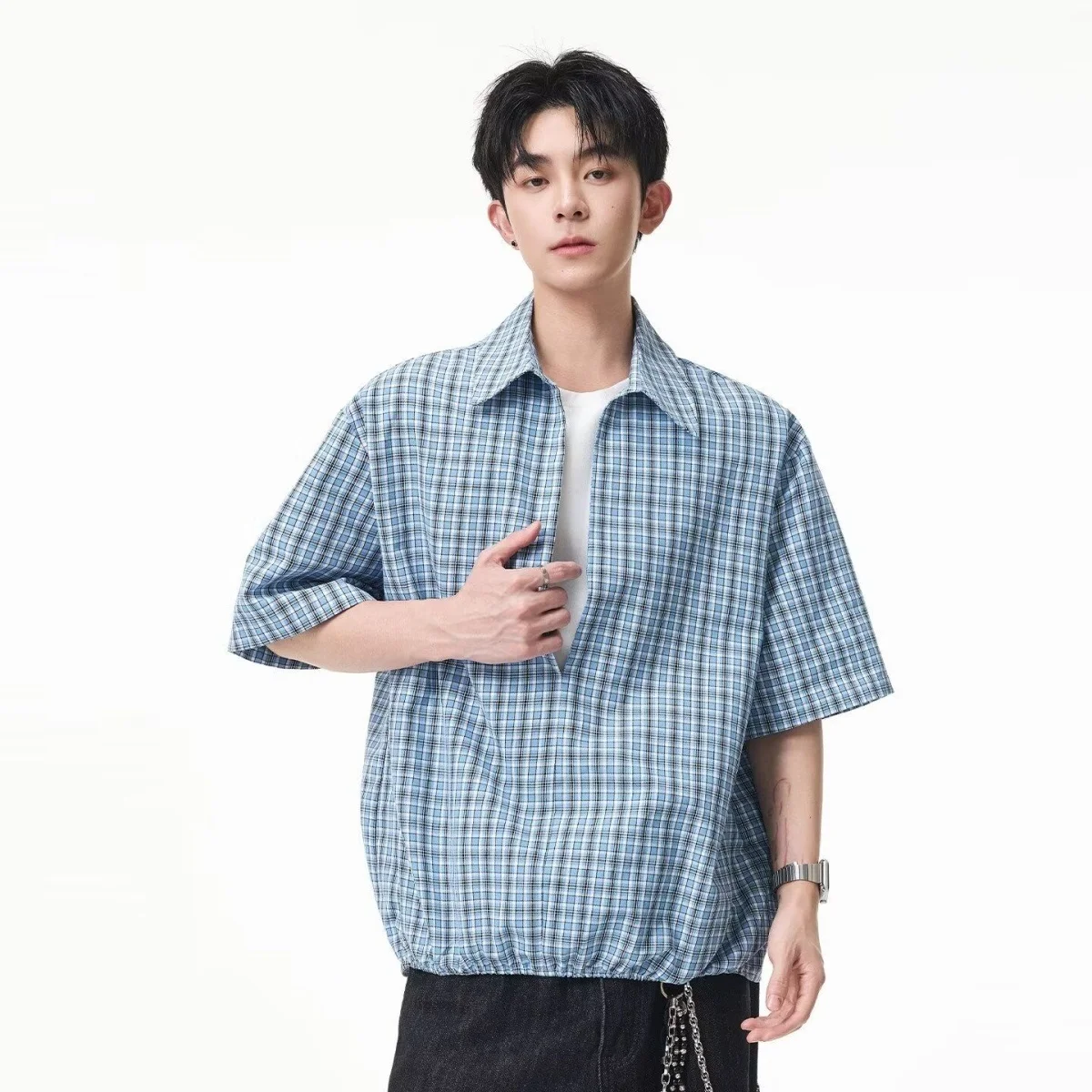 

Summer Casual Loose Men's Plaid Shirt Short Sleeve Commute Vintage American Style Half Open Button-Up Polyester Fiber