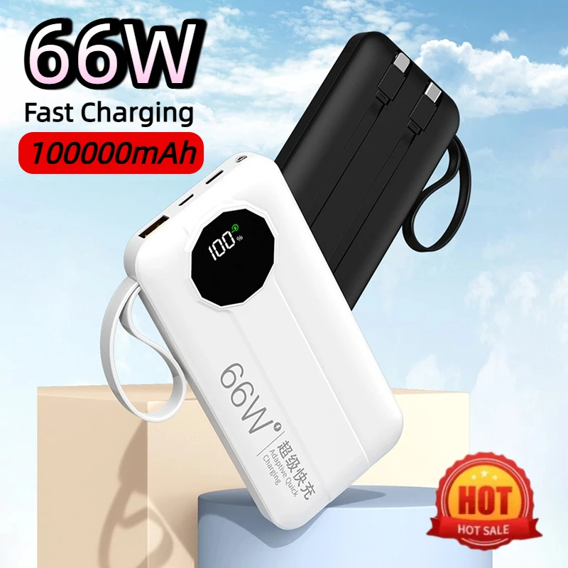 100000 мАч Интеллектуальный цифровой дисплей 3C Автозарядка Power Bank 66 Вт со встроенным зарядным кабелем Портативное зарядное устройство 100000 мАч Интеллектуальный цифровой дисплей 3C Автозарядка Power Bank 66 Вт со встроенным зарядным кабелем Портативное зарядное устройство