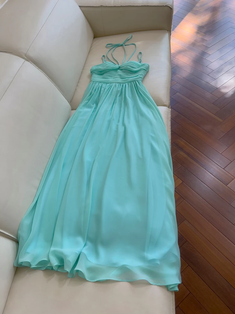 

Пляжное платье-макси синее, с бретелями, приталенное, с завышенной талией, А-силуэт, в корейском стиле, для свадьбы