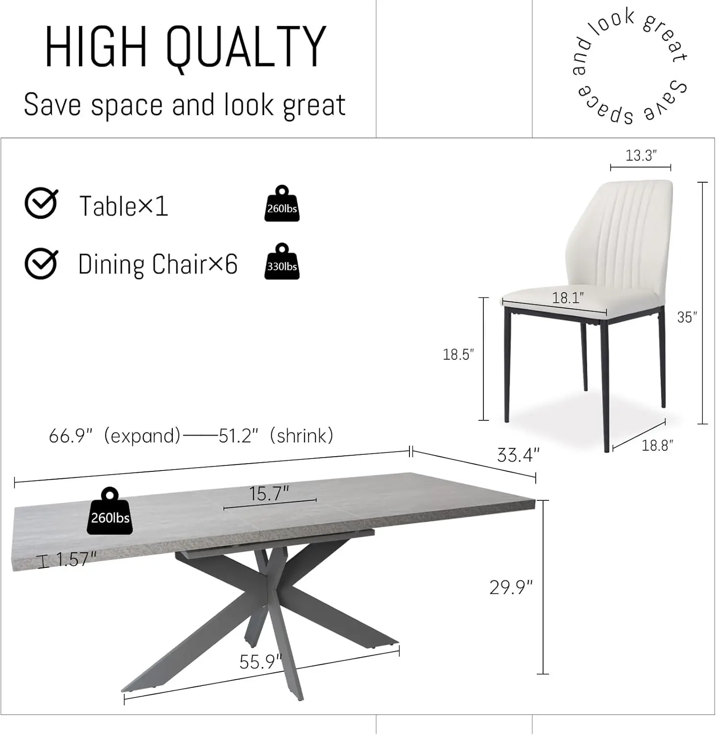 Persone sala da pranzo moderna cucina rettangolare sala da pranzo struttura in metallo espandibile salvaspazio (tavolo grigio + 6 Whi