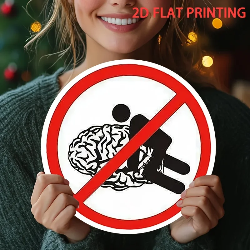 2D Flat Round Funny Warning Metal Sign, No Brain Hug Cartoon Pattern Plaque, 7.87in Bar Garage Novelty Wall Decor