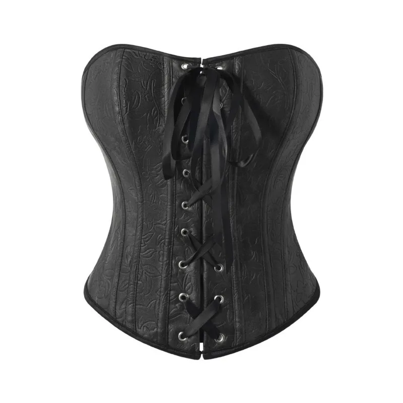 Women Gothic Black Damask Corset Front Tie Ribbon Design Strapless Bustier Daily Cosplay Body Shaper