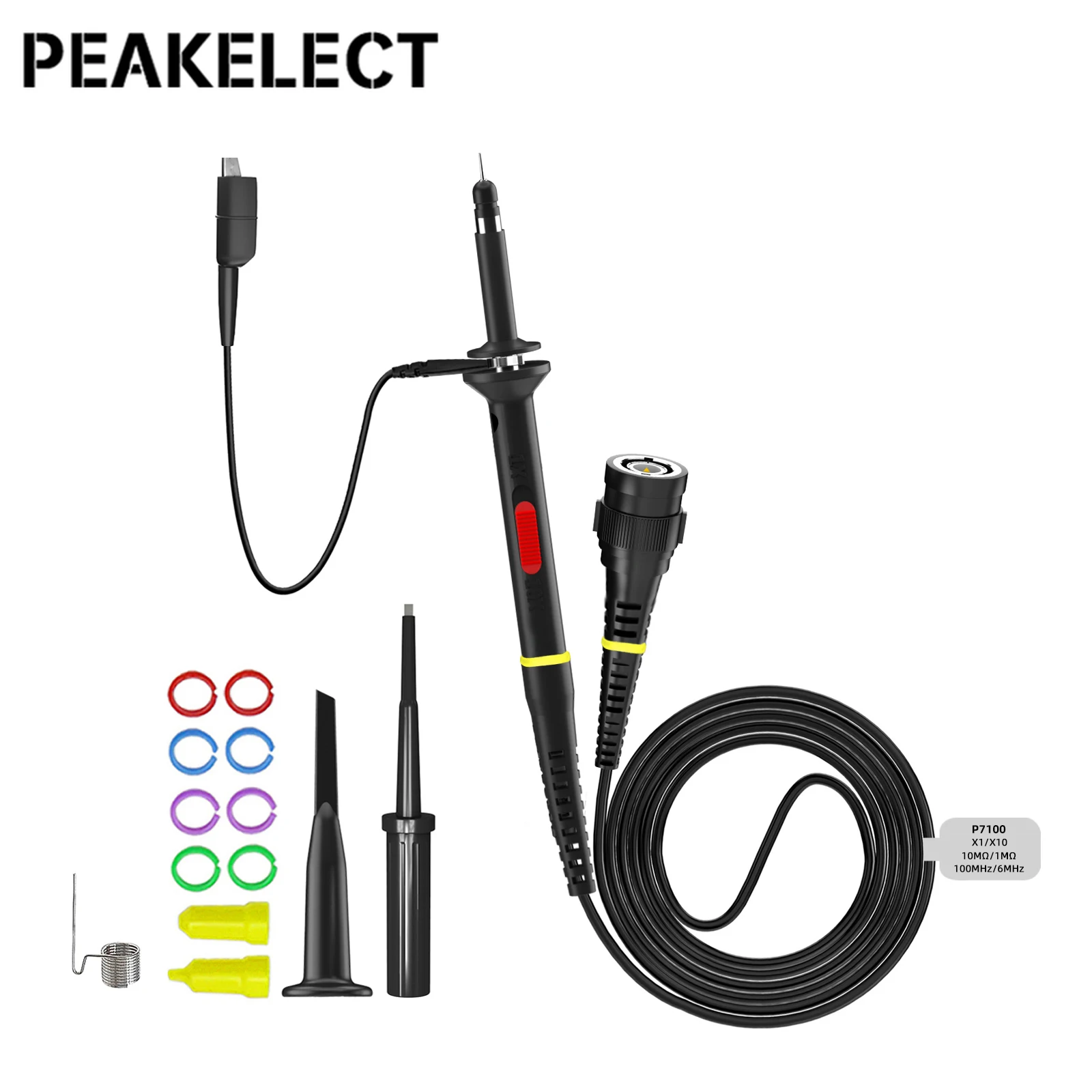 

Peakelect P7100 100MHz BNC Oscilloscope Probe X1/X10 with Protective Cap Scope DC-100MHz Bandwidth 3.5ns Probe 130cm