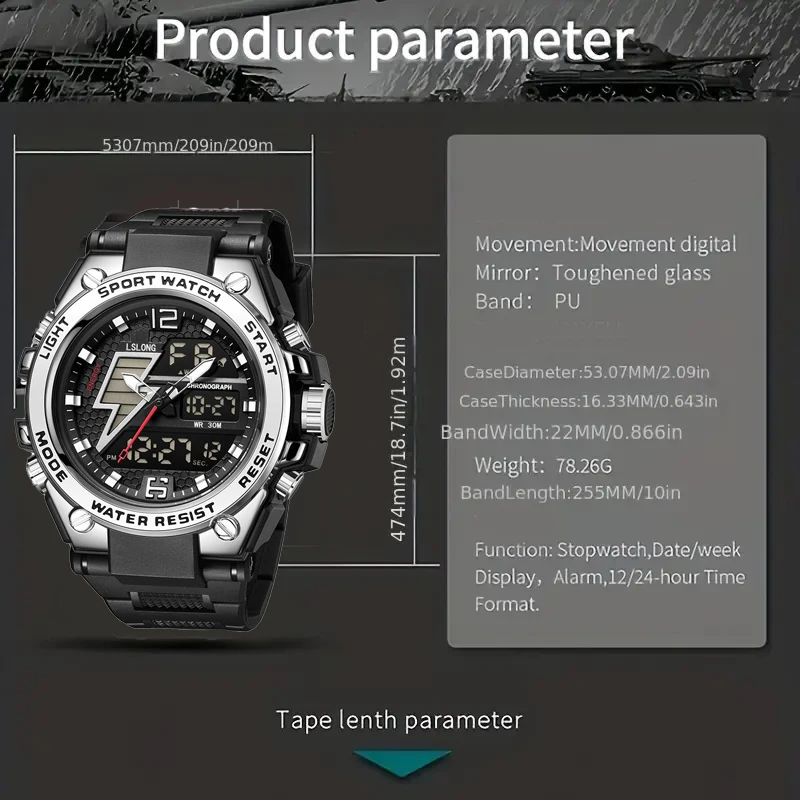 Trendy Men's Large Dial Multifunctional Sports Watch, Digital Pointer Dual Display Student Electronic Watch