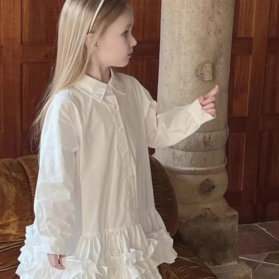 Girls' White Dress Spring/Summer New Edition Girls' Fashion Long Sleeve Shirt Skirt Children's Cake Skirt