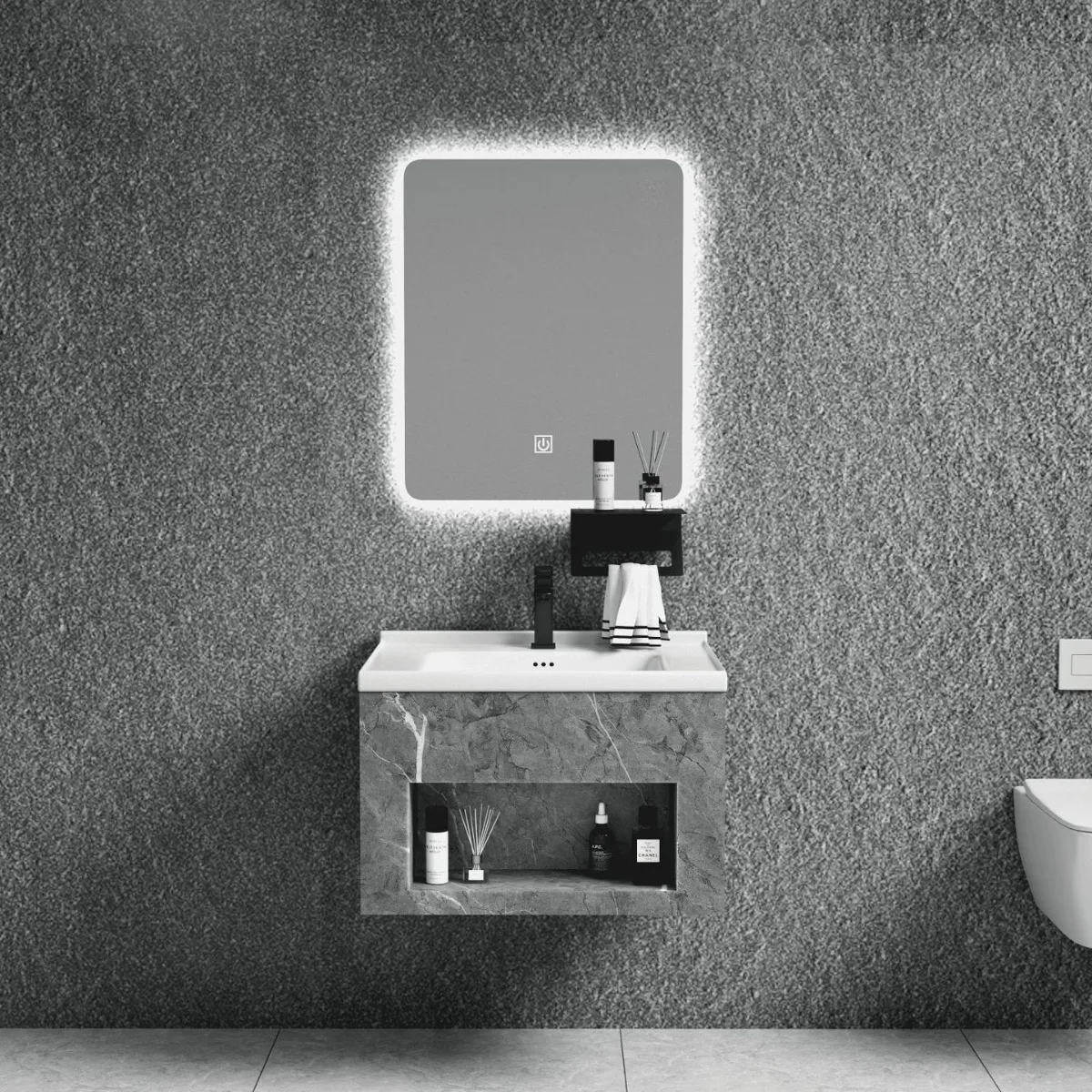 خزانة حوض بلاطة صخرية معدنية جديدة لعام 2025، مرآة ذكية للحمام، مقاومة للماء، حوض غسيل متكامل من السيراميك #4