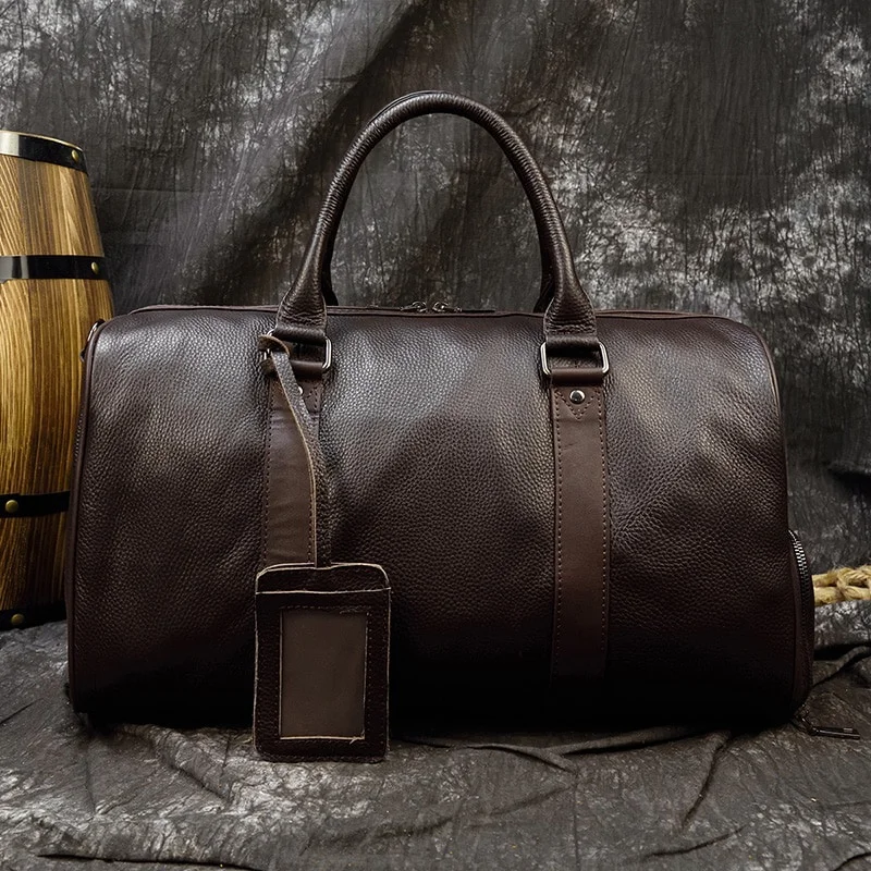 Genuine Leather Men Travel Tote Bag Soft Cowhide Leather Luggage Bags Shoulder Bag Weekend Bag