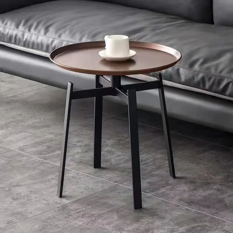 #Nordic Style Round Wood Color Tea Tray Metal Frame Side Table Small Tea Table  for Living Room