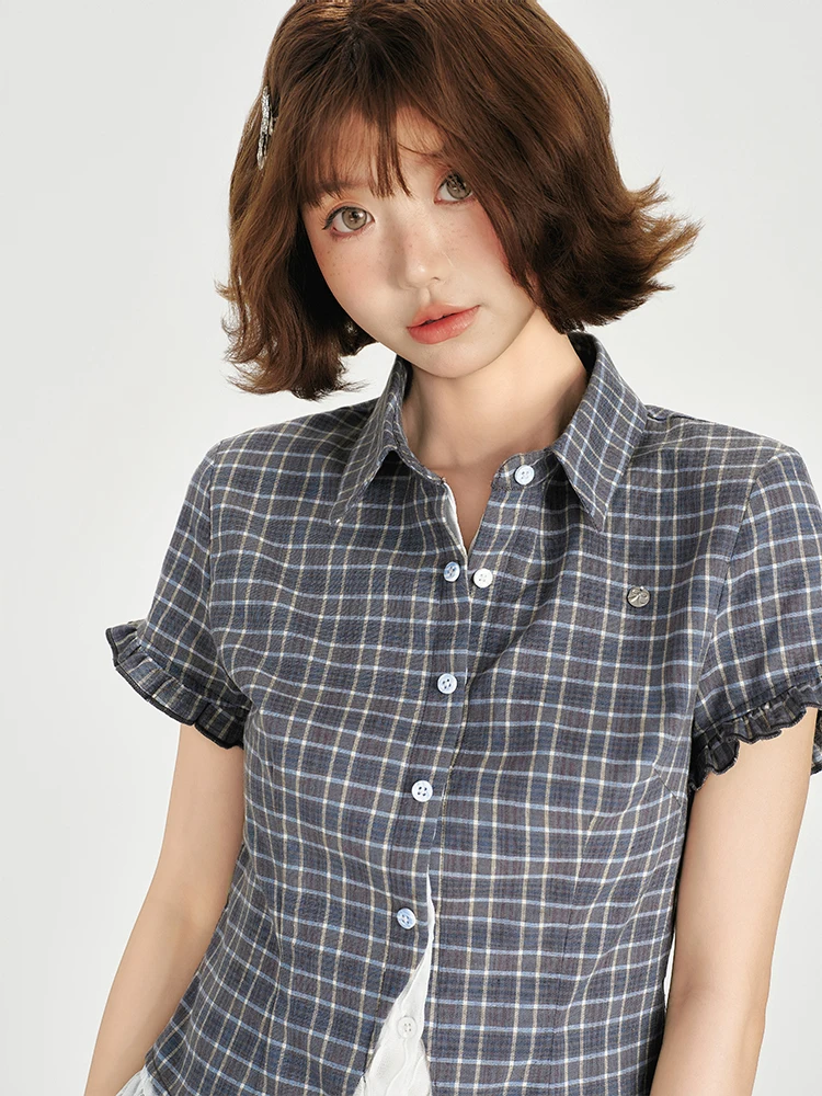 American Retro Plaid Shirt Women's Summer New Style Lace Hem Waist Cinching Slimming Blouse Commute Style Short Sleeve V-Neck