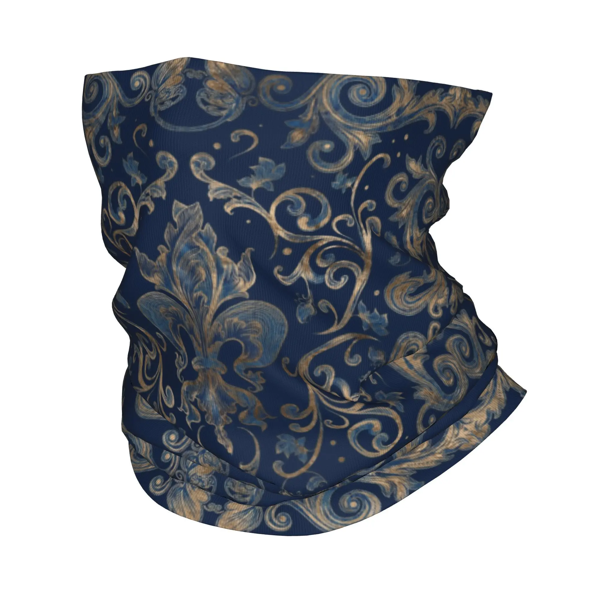 Custom  Fleur De Lis Ornament Blue Marble And Gold Neck Gaiter  Windproof Winter Luxury Sacred Lily Flower Bandana Scarf for Ski