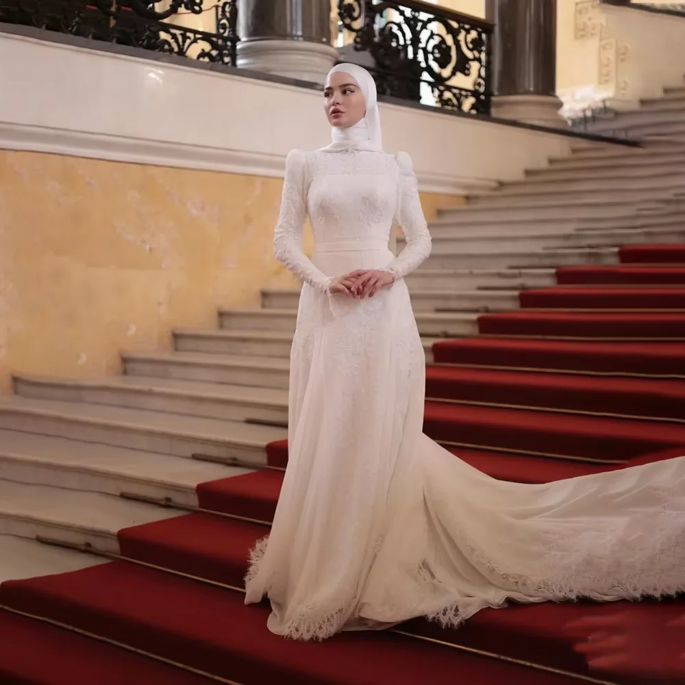 

Modest Weddings Dresses with Hijab High Neck Long Sleeve Lace Civil Brides Dress Mermaid Bridal Gown Customized robe de mariée