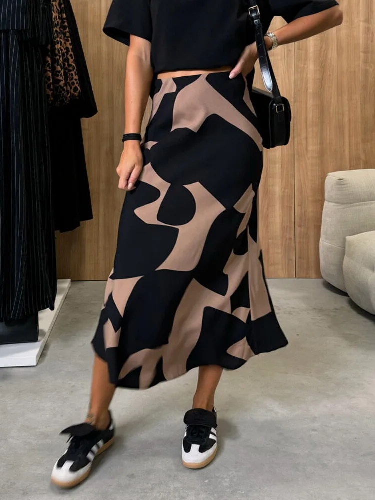 Women High Waist Printed Fashion Maxi Skirts, Autumn Winter Simple All Match Holiday Skirts, 2024 Patchwork Casual Ladies Skirts