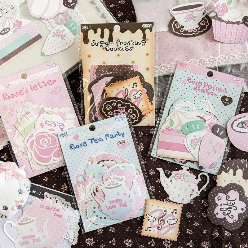 20Pcs/lot Retro Rose Coffee House Stickers Material Pack Writable Decorative Sticker Journal Scrapbook DIY Photo Frame Collage