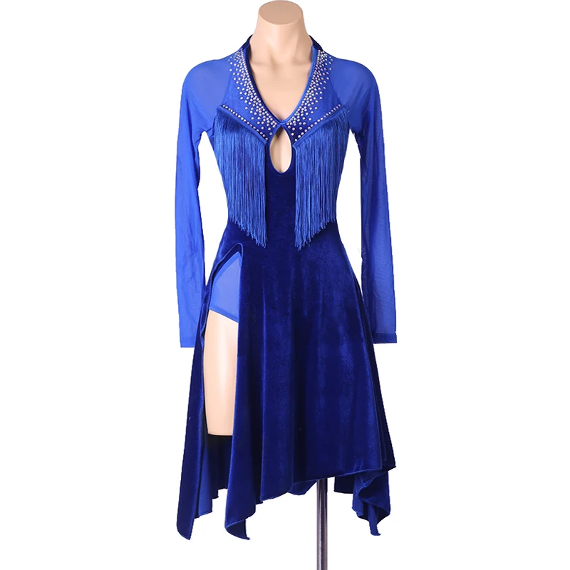 

New Latin Dance Tassel Dress Performance Costume Senior Custom Long Sleeve Velvet Sexy Dress Cha Tango Rumba Performance Costume