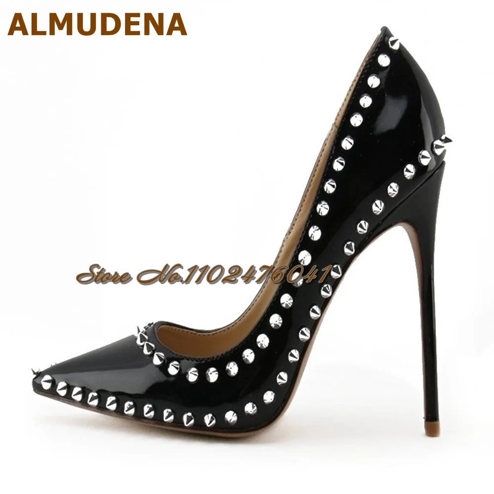 

ALMUDENA Black Patent Leather Silver Rivets High Heel Shoes 12Cm 10Cm 8Cm Stiletto Heel Pointed Toe Spikes Evening Pumps Shallow