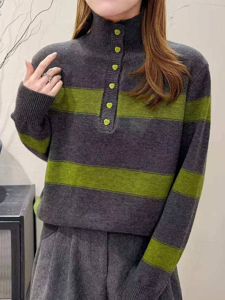 Faionable Anti-Aging Heart Button Thiened High Collar Sweater Women's Korean Striped Sle Knitted Wear for Autumn Winter