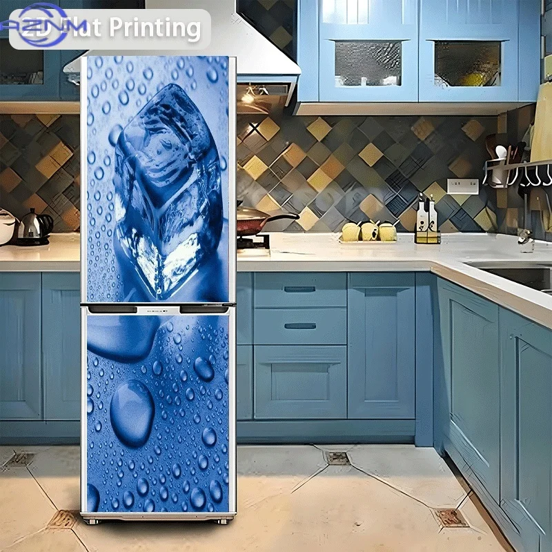 1pc 2D Flat Design Refrigerator Sticker,Ice Cubes and Water Droplets on Blue Background, Self-Adhesive Wall