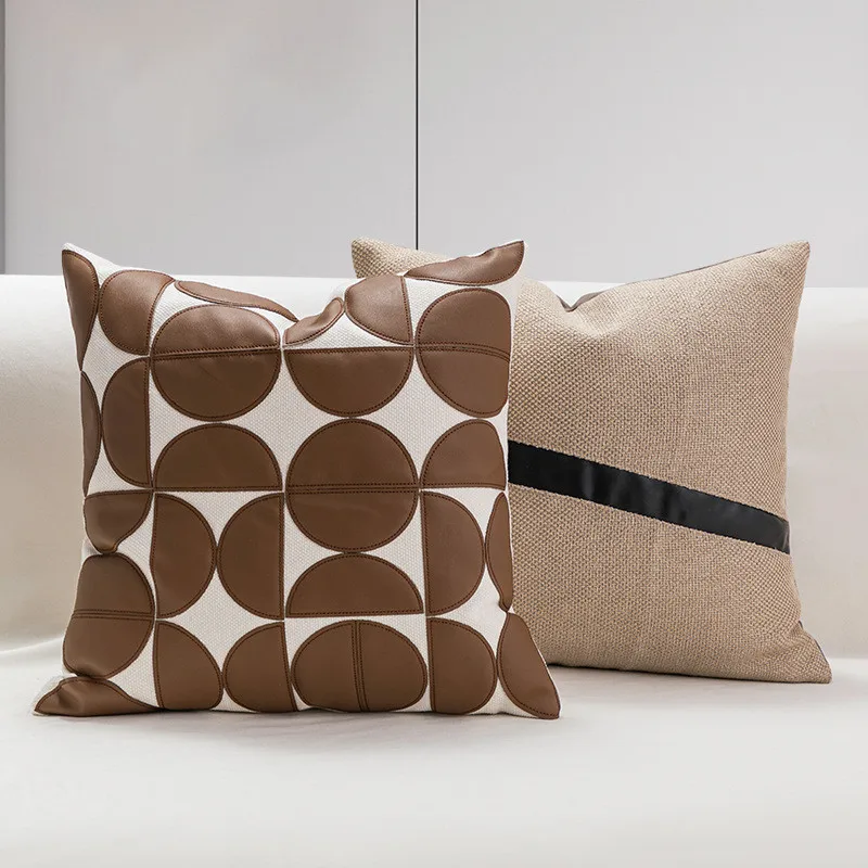 Geometric Leather Splicing Cushion Cover Luxury European Pillow Cover Cotton Linen PillowCase Home Decorative Sofa Throw Pillow