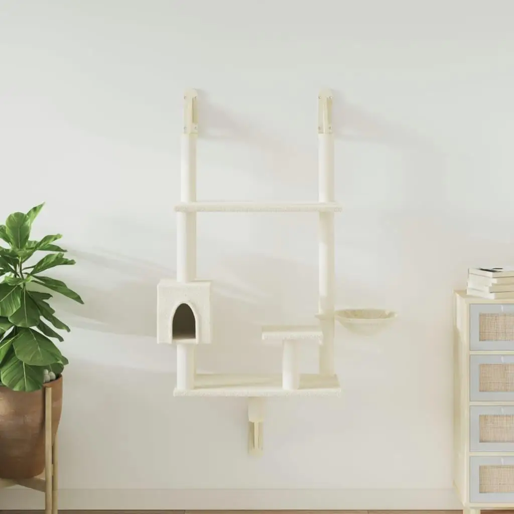 153 cm Cream Wall-Mounted Cat Tree with Scratching Post - Space-Saving Cat Furniture