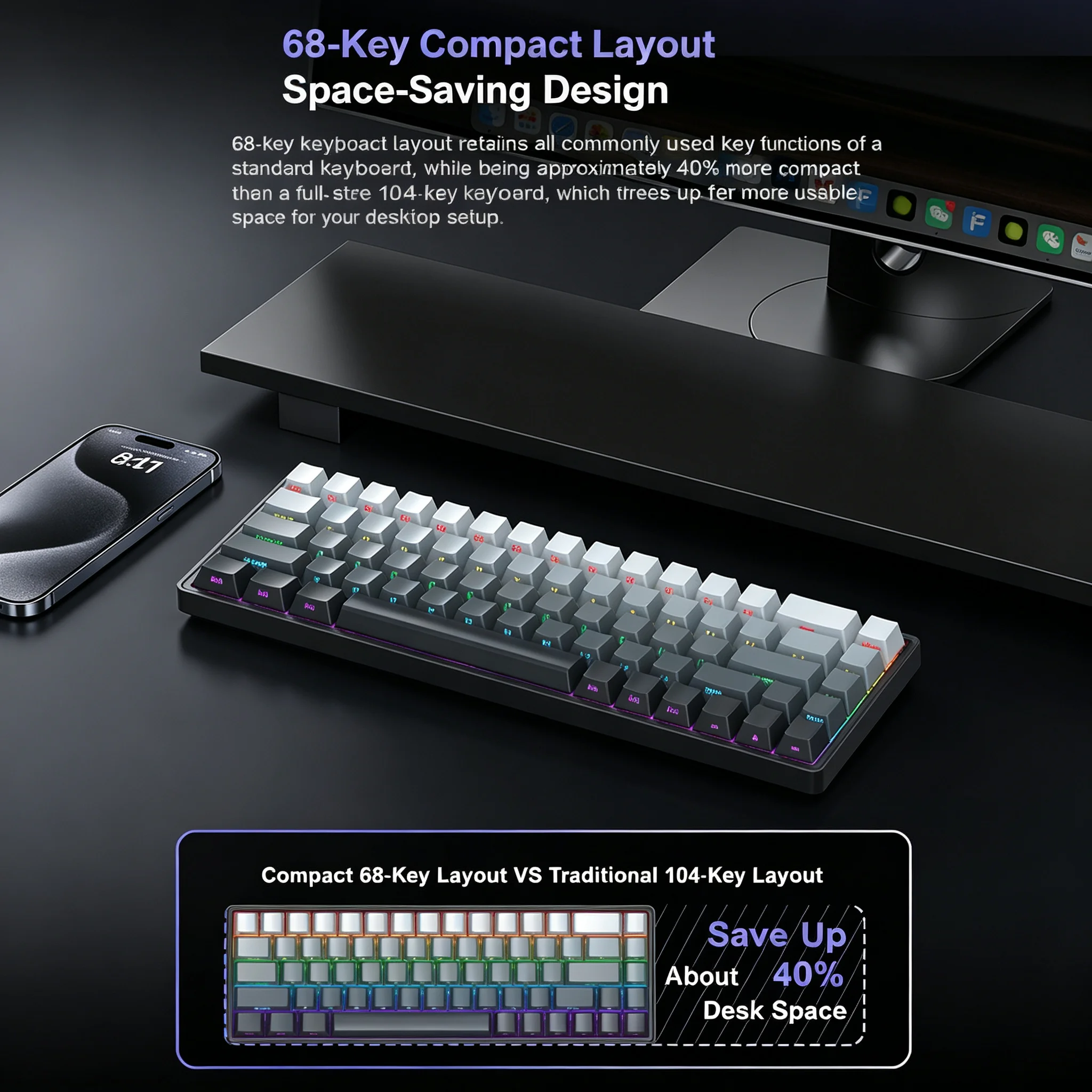 APAYADO A68 Wired Mechanical Keyboard, Hot-Swappable, Blue or Red Switches, RGB