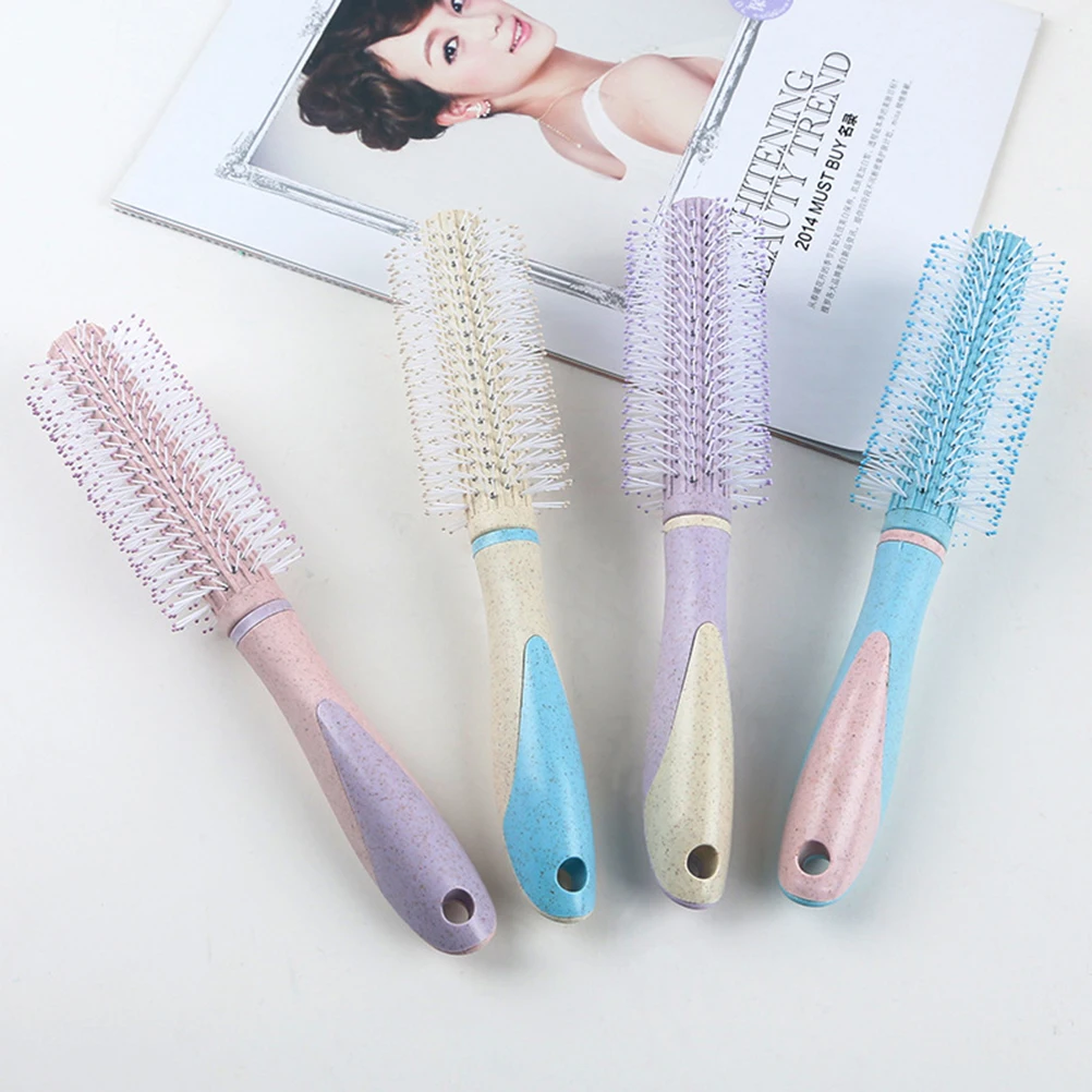 

Цветная пшеничная солома, цилиндрическая роликовая расческа для волос, прочная пластиковая расческа для укладки вьющихся волос, легкая ручка