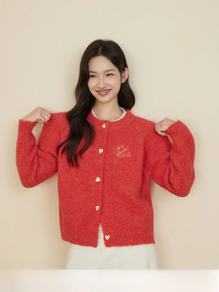 

Red Little Dog Open Cardigan Sweater Women's Autumn Winter Casual ort Knitted Top Trendy round Ne Long Sve Polyester B...