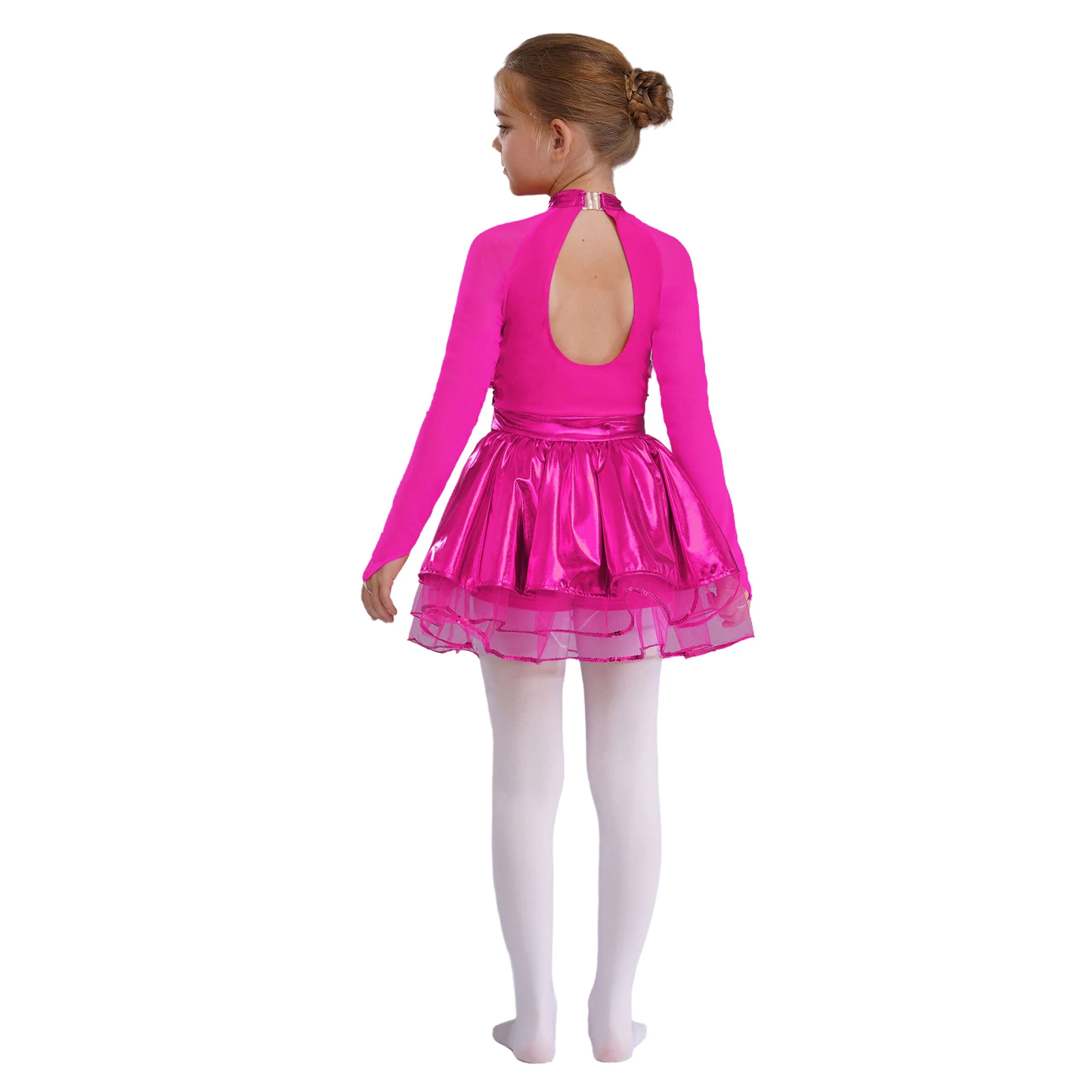 Kids Girls Gymnastics Skating Ballet Jazz Dance Performance Costume Leotards Dress Sequins Metallic Sheer Mesh Tutu Dresses