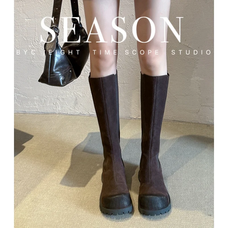 2026 nuevas botas hasta la rodilla de Otoño Invierno para mujer 22-24,5 cm gamuza de vaca + botas de chimenea de tela elástica botas ajustadas con aumento de altura