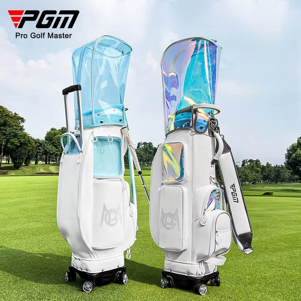 ,2026 PGM Korean‑Style Women's Golf Trolley Bag Transparent Colorful Golf Club Bag Hidden Pull Rod Wheels Water‑Resistant QB168
