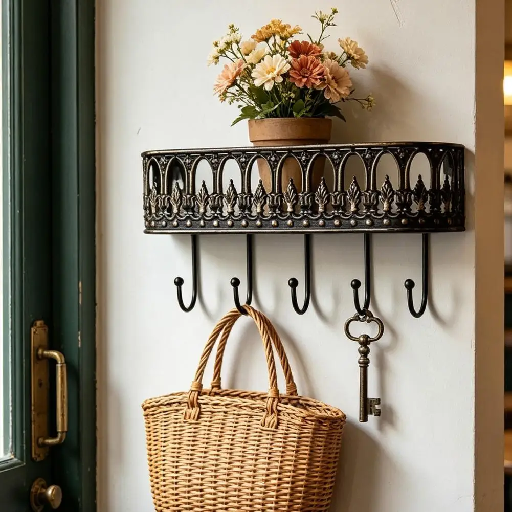 Entryway Wall Organizer for Bags Hats Wall Mounted Floating Shelves with Hooks Metal Key Holder Mail Organizer Rack for Room