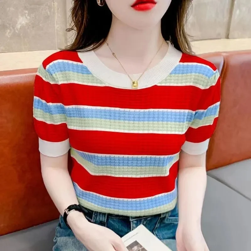 Rainbow Stripe Short Sleeved T-shirt 2024 Women Summer Skin Covering Slimming Western Style Age Reducing Thin Knitted Shirt Top