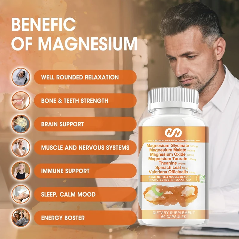 Glycine Magnesium, Malic Acid Taurine, and Oxide Vitamin D3 High Absorption, Muscle, Digestion 60 Vegetarian Capsules