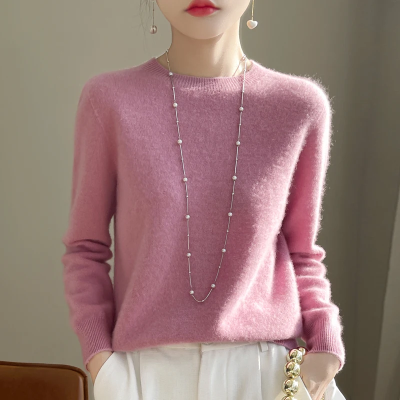 Spring Wool Blended O-neck Sweater Women Solid Long Sleeve Top Autumn Winter Fashion Knitted Female Pullover Jumper Bottoming