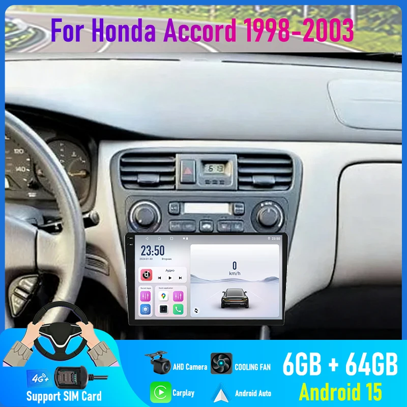 9'' For Honda Accord 1998-2003 Car Radio 4G SIM Android 15 Auto GPS FM Reversing Image Stereo BT 2DIN Carplay Google Map Navi