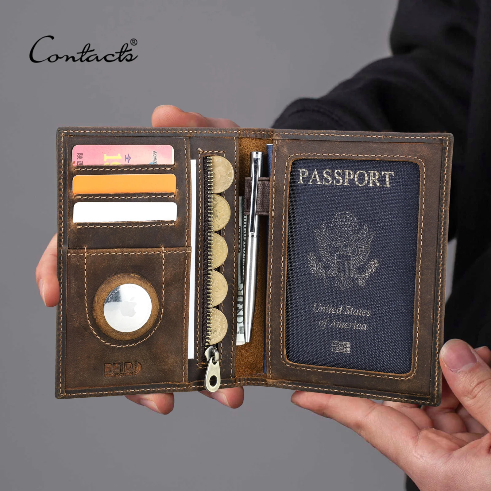 Portefeuille de voyage en cuir véritable CONTACT'S pour homme, porte-cartes RFID tendance, pince à billets, portefeuille anti-perte pour femme avec AirTag