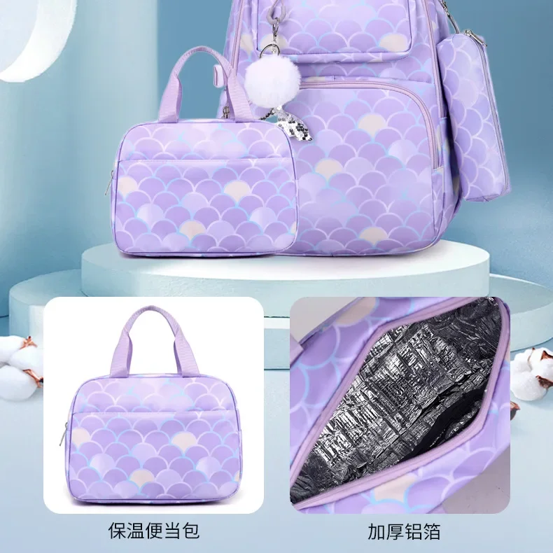 3pcs/Set Fish Scale Print Kid Backpack with Pencil Case Lunch Bag New Waterproof School Bag Children Schoolbag for Teenage Girls