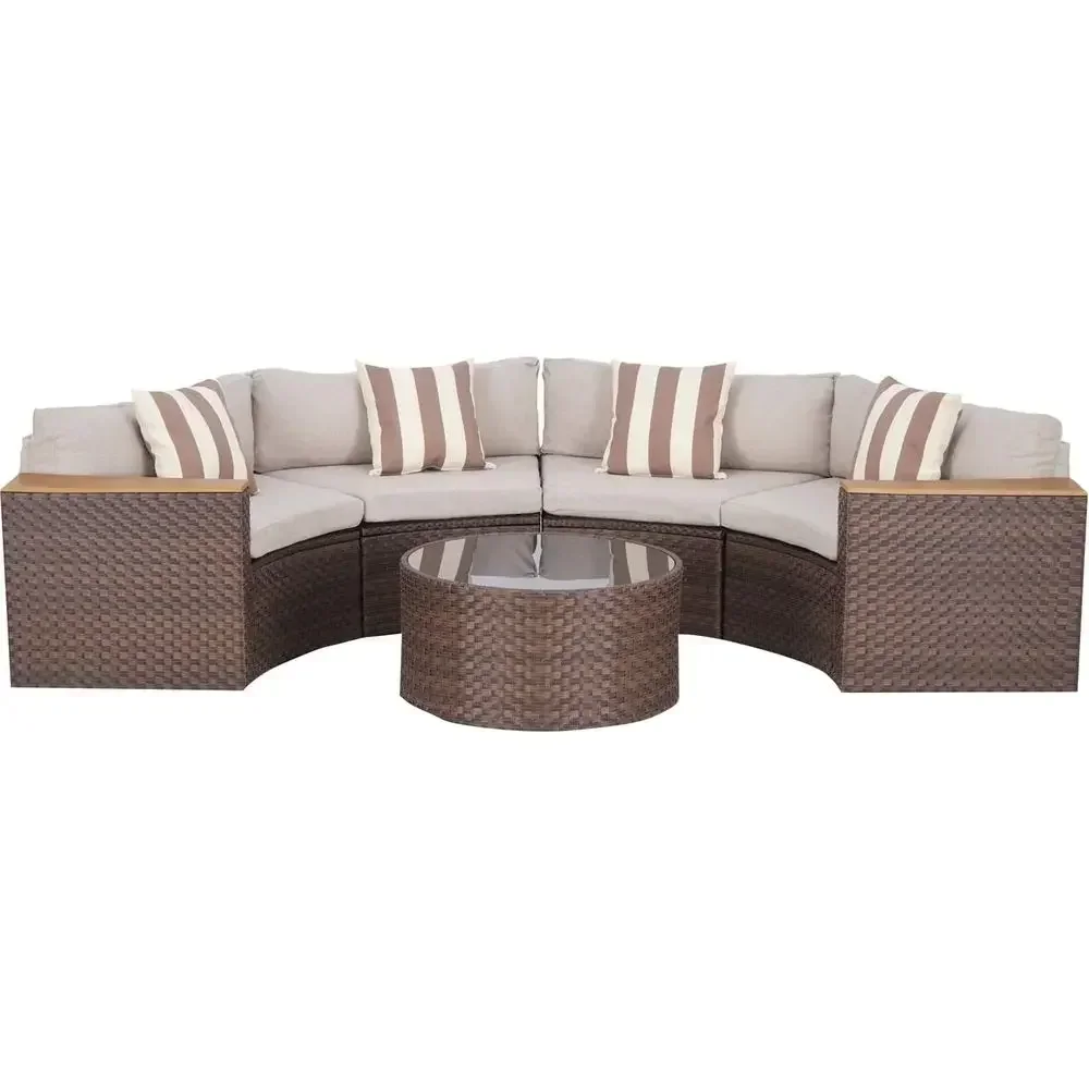 5-Piece Curved Outdoor Sectional Sofa Set with Round Tempered Glass Table and All-Weather Brown Cushions