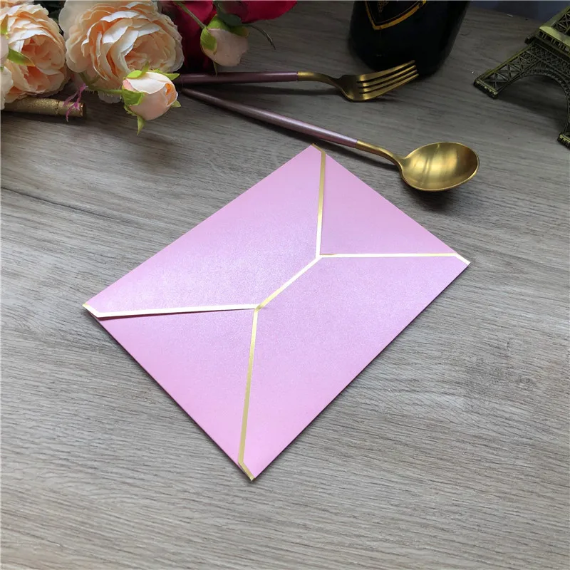 50 Pieces 250gsm Pearl Paper White Pink Envelopes Gold Edge Vintage Wedding Party Invitation Gift Envelope 138x195mm EN01