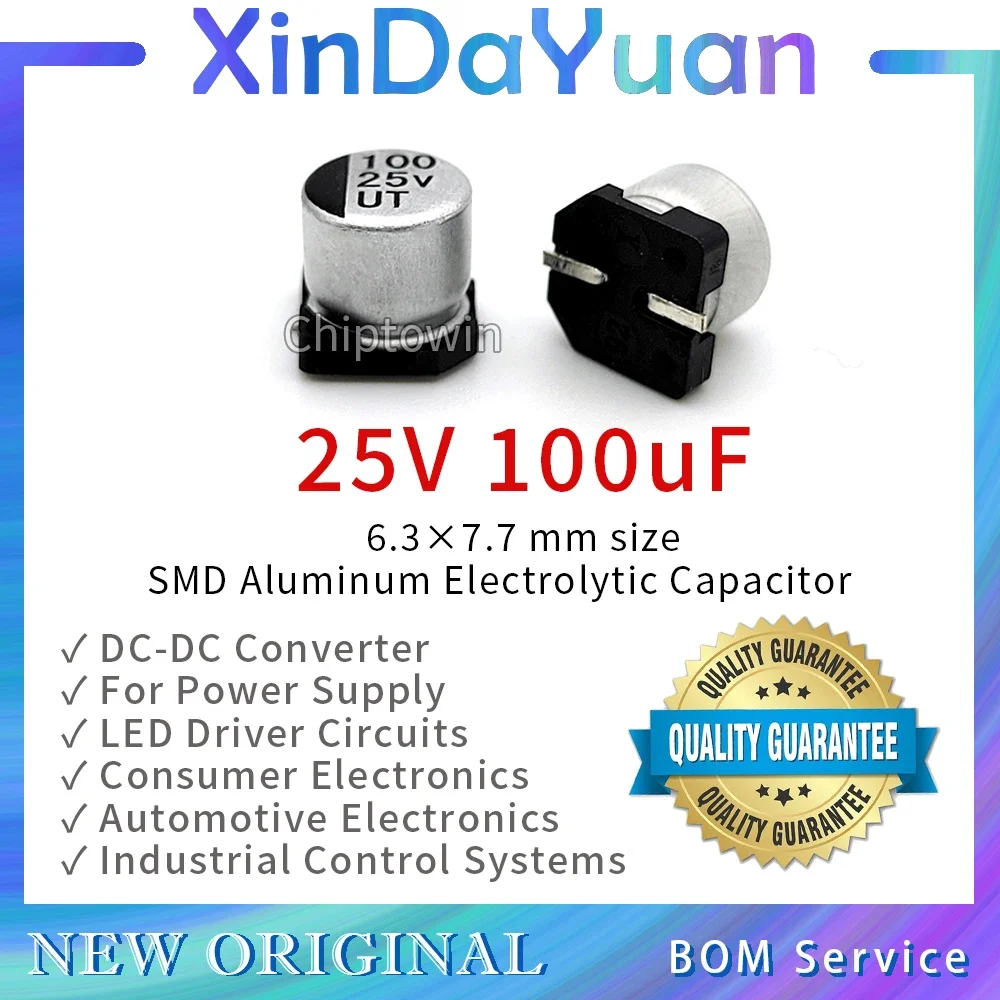 50pcs 25V 100uF 6.3×7.7mm SMD Aluminum Electrolytic Capacitor Low ESR