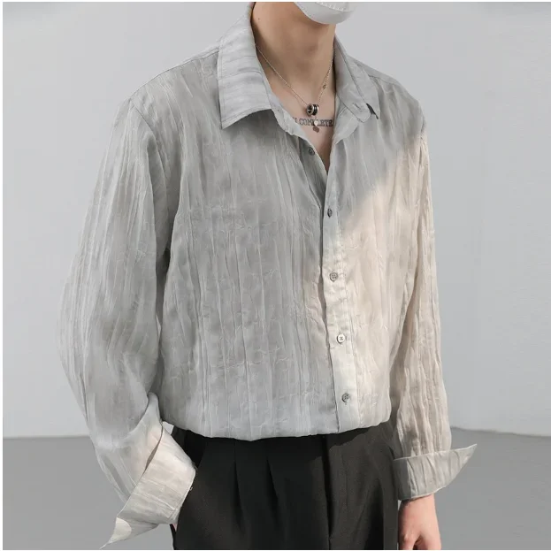 

Spring and summer new lazy long-sleeved shirt thin trend INS non-ironing loose shirt men's senior texture feeling top