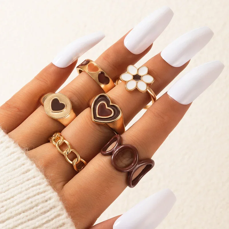 Digadagu 6-piece Set Brown Heart-shaped Dripping Flower Ring Women's Popular Retro Ring Banquet Accessories