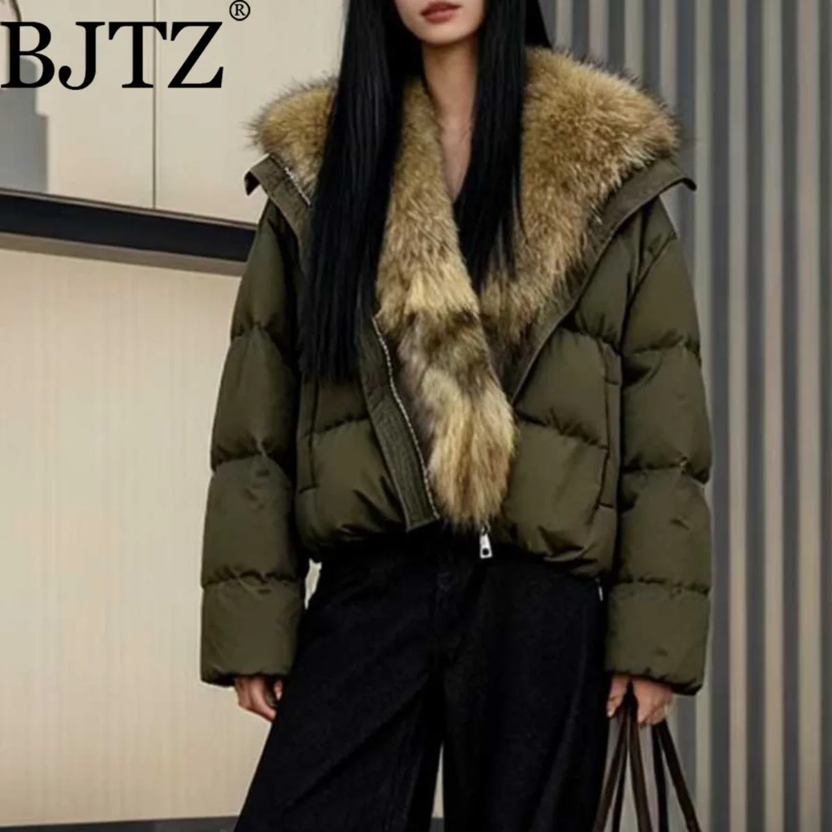 

BJTZ 2025 Новый женский короткий пуховик с меховым воротником, зимний теплый дизайнерский элегантный минималистичный высококачественный удобный премиум-класса
