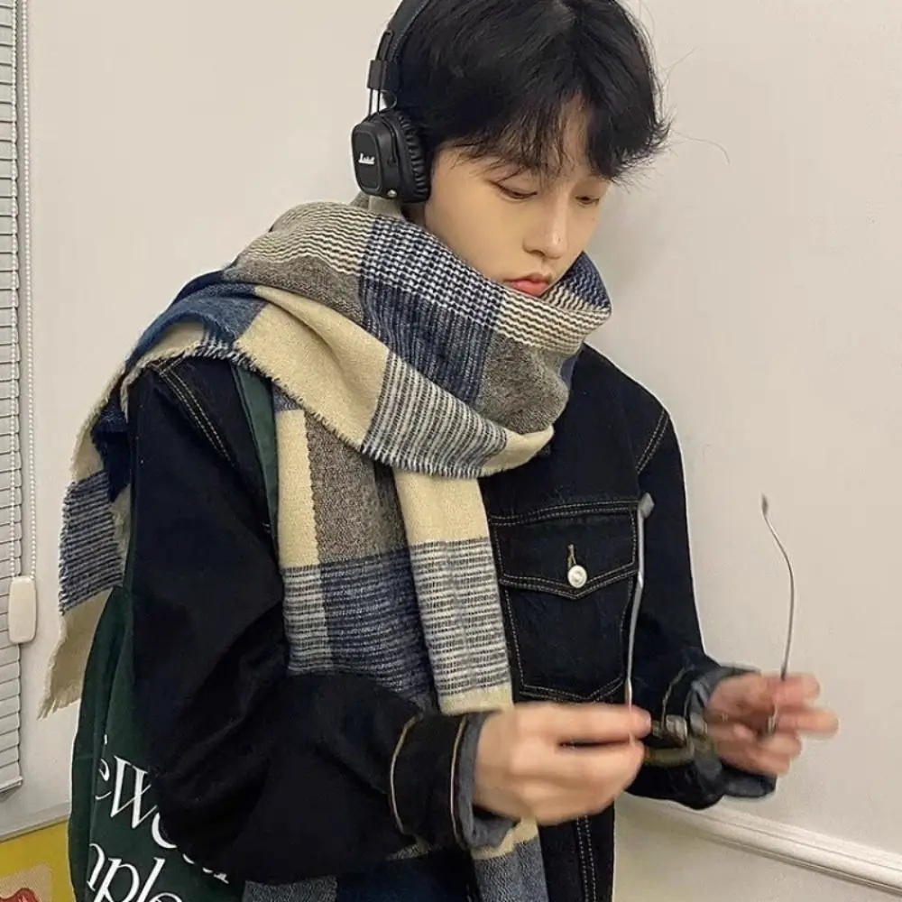 

Fashion Korean Men's Plaid Scarf Casual Long Winter Plaid Scarf Warm Thicken Checkered Scarf Gifts